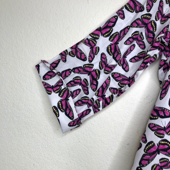 Foxcroft NYC Butterfly Print 3/4 Sleeve Button Down Fitted Top Size 14 - Picture 5 of 14